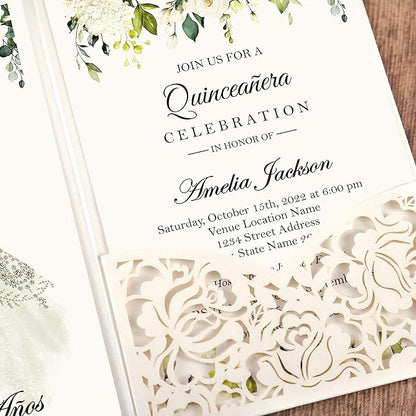 DORIS HOME 50pcs Laser Cut Quinceanera Invitations Green and Ivory White, 4.7x7.1 Personalized Quince Invitations for 15th Birthday, Invitation cards for Sweet 16 with Envelopes