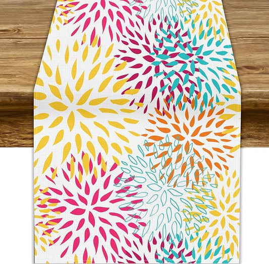 Abstract Flowers Table Runner, Chrysanthemum Dahlia Vintage Modern Colorful Spring Summer Elegant Table Runner for Party Kitchen Dining Living Room Laundry Room Decor, 13x120 Inch