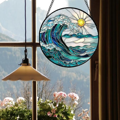 Stained Glass Window Hanging - Blue Green Waves Suncatcher for Door Terrace Garden Home Decor Sunrise Over The Sea Sun Catcher Birthday Gifts for Lovers Women Men Dad Mom Nana 6.3 in