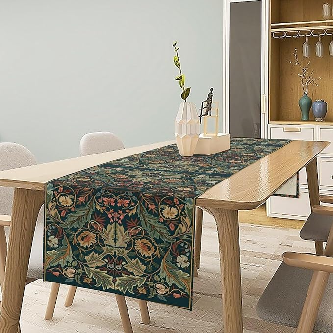 Green Morris Floral Table Runner, Boho Rustic Country Farmhouse Teal Red Rose Pattern for Home Kitchen Table Decor Dining Coffee Room Party Decor 13x90in