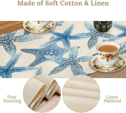 Starfish Plaid Table Flag Green Plaid and Marine Life Starfish Kitchen Table Flag Suitable for Birthday Party Restaurant Decoration Outdoor Picnic 13 * 70 Inch