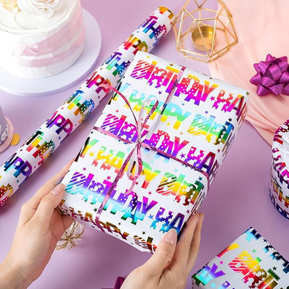 Yarcony Birthday Wrapping Paper Roll, Gift Wrapping Paper, Colorful Foil Girl Happy Birthday Gift Wrap Rainbow Present Paper for Kids Boys Girls, Holiday,Party,Baby Shower(17 Inch X 33 Feet)