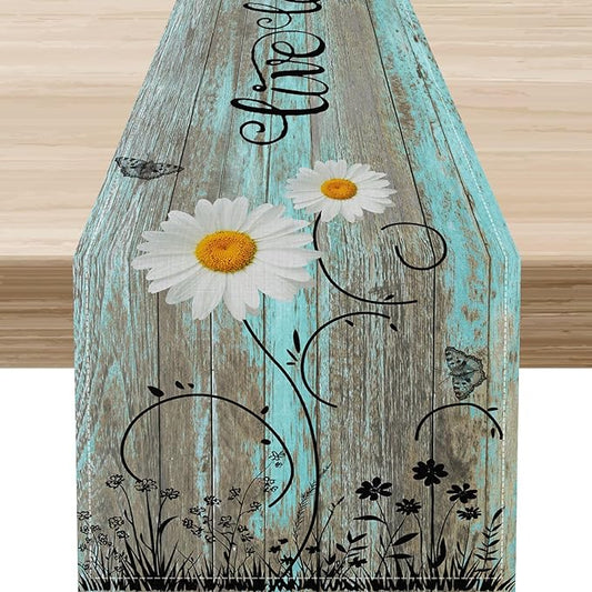 Daisy Floral Table Runner, Farmhouse Spring Seasonal Summer Teal Green White Flower Rustic Abstract Table Center Decor for Home Kitchen Dining Holiday Party Indoor Table Decorations, 13"x72" Inch