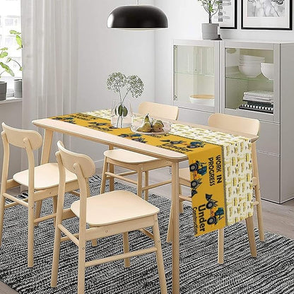Cartoon Car Table Runner,Boys Kids Construction Vehicles Truck Yellow Print Tablecloth Burlap for Hotel Indoors Outdoor Dining Room Kitchen Home Decor,W13X L60 in