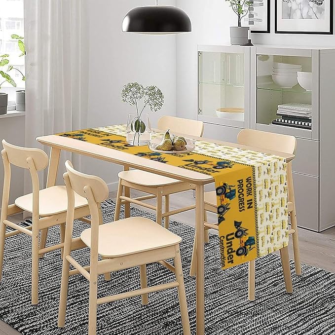 Cartoon Car Table Runner,Boys Kids Construction Vehicles Truck Yellow Print Tablecloth Burlap for Hotel Indoors Outdoor Dining Room Kitchen Home Decor,W13X L80 in