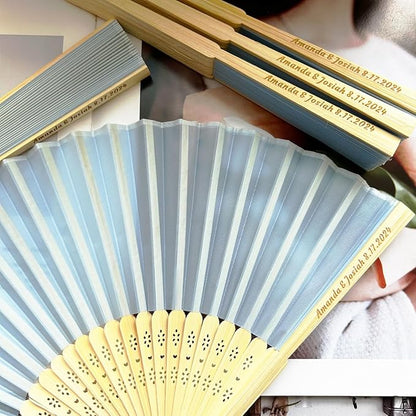 Personalized Engraved Light Blue Fans Folding Hand Fans 80 Pcs, Summer Wedding Fans, Custom Imitated Silk-Bamboo Fans for Guests Wedding Party Favor Bridal Shower Gifts Party Decoration