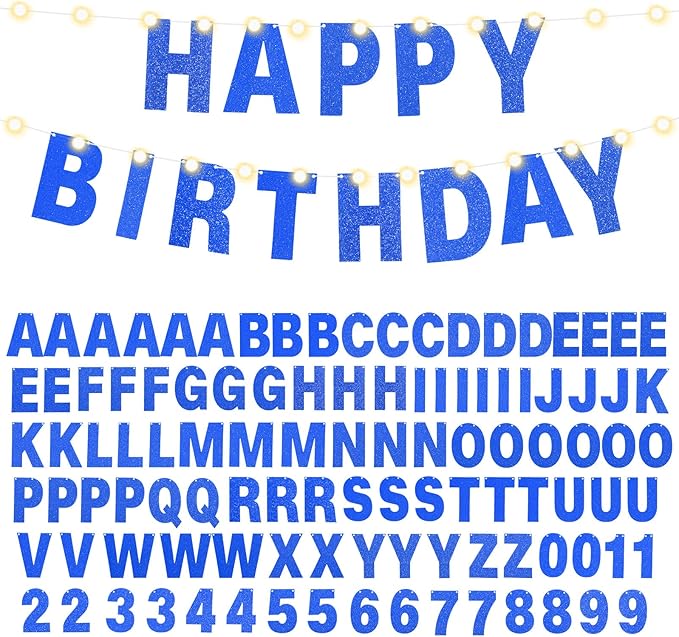 TaoBary 112 Pcs DIY Letter Kit Glitter Customizable Banner Letters Include 107 Letters and Numbers 3 Rope and 2 Needles for Birthday Halloween Christmas Wedding Valentine Party Decor(Dark Blue)