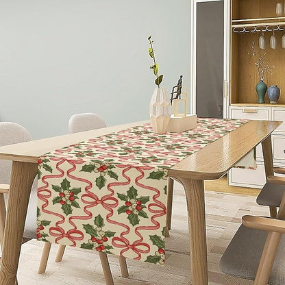 Christmas Table Runner,Xmas Holiday Bowknot Decor Table Cloth Kitchen Dining Table Decoration for Home Party Decor 13x60 Inch