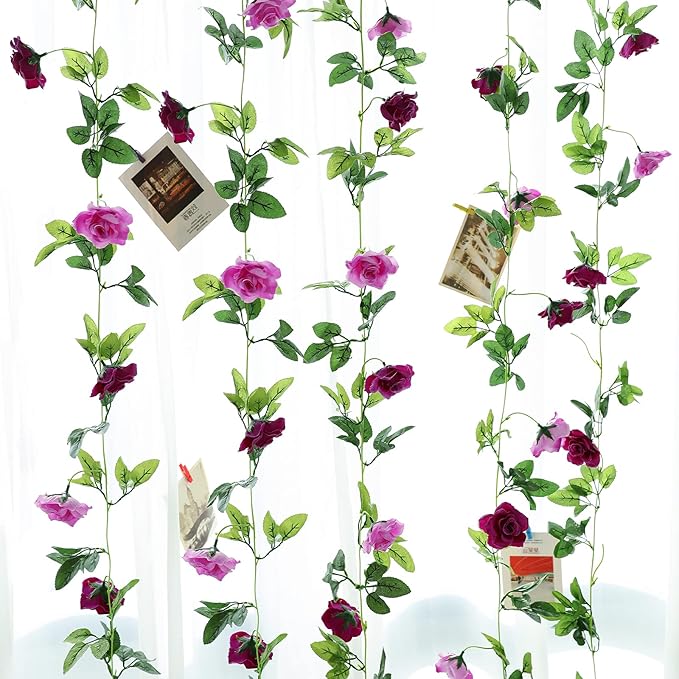 Floweroyal 2 Pack Artificial Flower Garlands 15.8FT Fake Rose Vines Silk Flowers Hanging Rose Ivy for Wedding Arch Party Home Garden Wall Decor (Fuchsia)