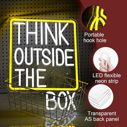 Think Outside The Box Neon Sign Dimmable White Words Neon Light for Wall Decor Led Think Light Up Sign for Study Room Classroom Library Meeting Room Bedroom (16.1 * 11.8 In)