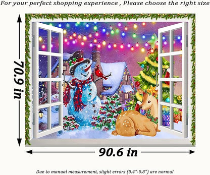 QGHOT Christmas Window Tapestry Wall Hanging, Christmas Backdrop Winter Window Wall Decor Xmas Snowman Deer Tapestries for Bedroom Living Room Dorm Holiday Party Decoration, Extra Large
