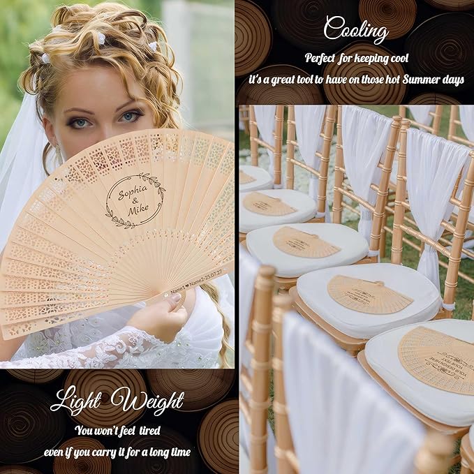 50 PCS Custom Fans Personalized Folding Fans for Line Dancing Wooden Hand Fan Wedding Favors Bulk Fans for Guests Party Event Use (Style14)
