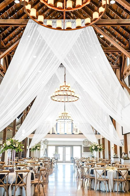 4 Panels White Ceiling Drapes for Wedding 5ftx30ft Sheer Drapery Chiffon Fabric Arch Draping Curtains for Party Ceremony Birthday Baby Shower Reception Stage Ceiling Decorations