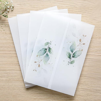 PONATIA 50PCS Vellum Jackets for 5x7 Invitation Cards - 135GSM Green Leaves Vellum Sleeves, 5x7'' Clear Jackets Wedding Invitations Wraps - Transparent Card Jackets