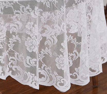 LinenZone Extra Large White Round Tablecloth for Rustic Vintage Decor. Sheer Lace Table Cloth Works Great As Wedding Tablecloth or Thanksgiving Table Cover. (Mia 132 Round, White)