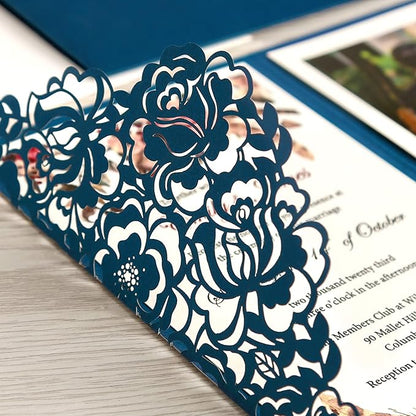 DORIS HOME 50pcs Laser Cut Wedding Invitations with Envelopes Blue, 4.7x7.1 Personalized Invitation Cards for Wedding, Anniversary Invitations with Envelopes