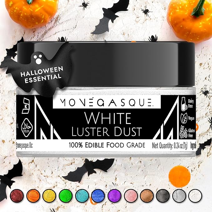 MONÉGASQUE White Edible Glitter for Drinks 7g – Halloween Edible Glitter for Cakes & Cocktails - White Luster Dust for Cocktail, Cake, Strawberries - Food & Drink Shimmer - Cake Decorations Spray