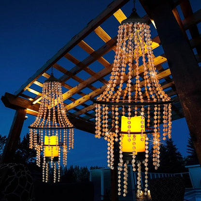 Battery Operated Hanging Chandelier Outdoor Indoor, 28” Modern Acrylic Crystal Hanging Beaded Lantern with Led Candle Light, Pendant Lights Decor for a Gazebo, Garden, Backyard, Patio, Balcony, Porch