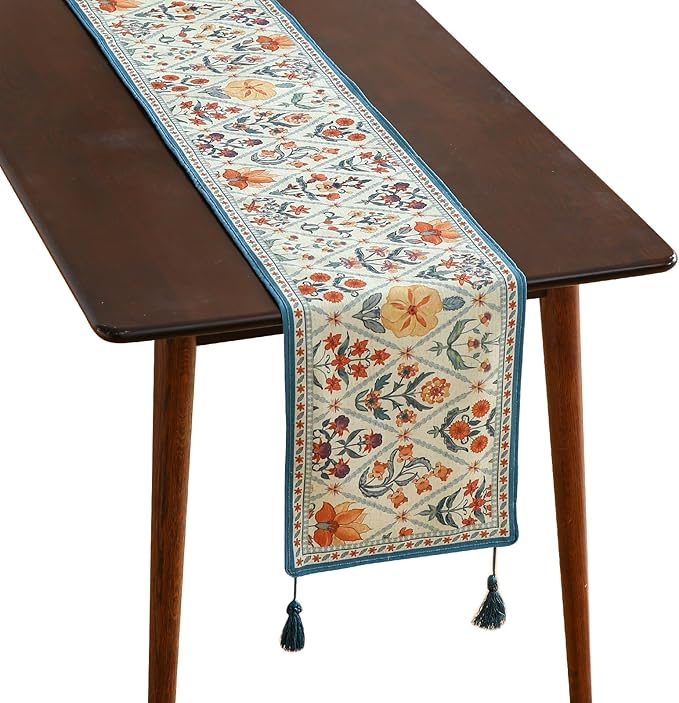 ISAENNE Designer Bohemian Elegant Linen Extra Long Table Runner 118 Inches,Colorful Flower Pattern Table Runners for Dining Tables,Thanksgiving,Kitchen Tables,Christmas,12"*118"-Floralsea A