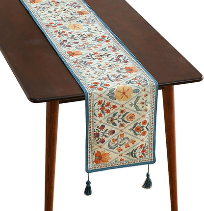ISAENNE Designer Bohemian Elegant Linen Extra Long Table Runner 118 Inches,Colorful Flower Pattern Table Runners for Dining Tables,Thanksgiving,Kitchen Tables,Christmas,12"*118"-Floralsea A