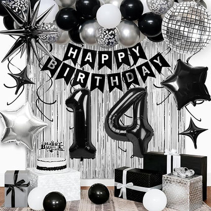 14th Birthday Decorations for Boys Girls, Black Silver Happy Birthday Party Decorations， 14 Year Old Party Supplies with Number 14 Balloons, Banner, Fringe Curtains Kit