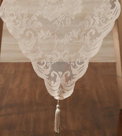 LinenZone Linen Table Runner with 2 Tassels for Rustic Vintage Decor. Lace Table Runner Works Great As Wedding, Thanksgiving, Christmas Decor (Mia 14 x 72, Linen)