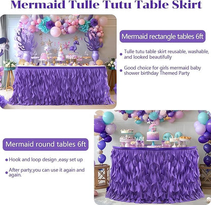 Partisky Mermaid Purple Tulle Curly Willow Table Skirt for Rectangle Table 6ft, Ruffle Tutu Table Cloth for Girls Boys Baby Shower,Mermaid Birthday Party