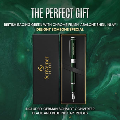 Scriveiner Personalized British Racing Green Pen - Stunning Green Lacquer Luxury Pen w/Chrome Finish, German Schmidt Nib (Medium), Best Engraved Fountain Pen Gift Set for Men & Women, Name Engraving