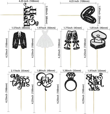 Gyufise 30Pcs She Said Yes Cupcake Toppers Glitter Diamond Ring I Do Love Cupcake Picks Miss to Mrs He Asked Bridal Shower Wedding Engagement Bachelorette Cake Decoration Black