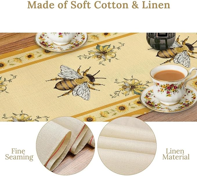Honey Bee Table Runner, Farmhouse Yellow Sunflower Retro Summer Linen Tables Runners for Kitchen Dining Table Home Party Decor, 13x60inch