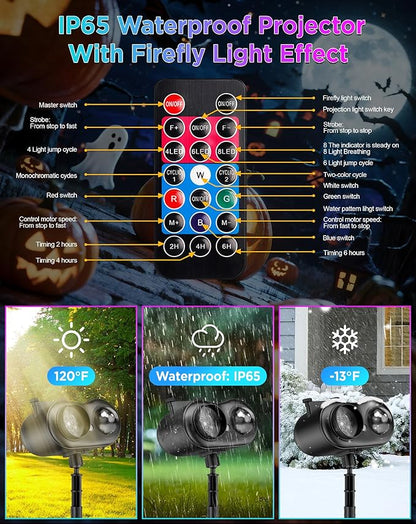 Halloween Christmas Projector Lights Outdoor, 8 Brighter HD Holiday Patterns with Firefly & Ocean Wave Effects, 10 Slides, Waterproof Snowflake Projector with Timer for House Garden Yard Xmas New Year
