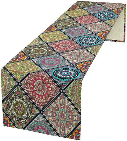 Boho Bohemian Table Runner, Vintage Indian Floral Print Table Cover for Farmhouse Kitchen Dining Table Decor Holiday Party, 13x108inch