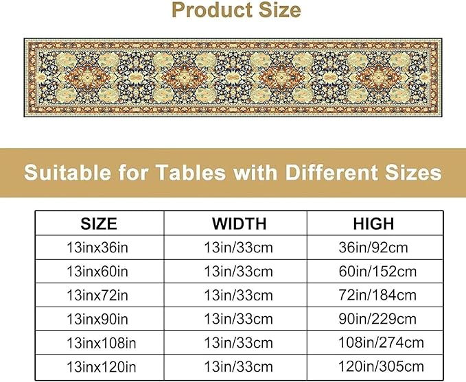 Vintage Boho Floral Table Runner, Elegant Luxurious Rustic Country Farmhouse Navy Blue Gold Retro Flower Pattern for Home Kitchen Table Decor Dining Coffee Room Party Decor 13x72in