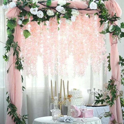 24 Pack Light Pink Wisteria Hanging Flowers Garland, 3.77 Feet Artificial Flower Vines, Fake Wisteria, Artificial Vines Hanging Garland for Backdrop Outdoor Yard Garden Decor