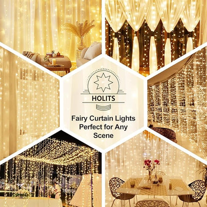Fairy Curtain Lights Upgraded Tangle-Free Warm White USB Plug in 8 Modes String Hanging Lights with Remote for Christmas, Bedroom, Indoor, Outdoor, Weddings, Party (10 FT x 6.6 FT)