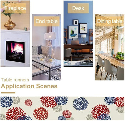 4th of July Table Runner, Blue Red Dahlia Flower American Patriotic Memorial Day Table Runner for Farmhouse Kitchen Dining Table Party Decor, 13x36inch