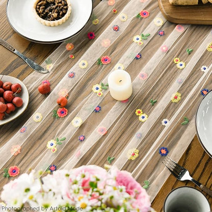 Artoid Mode 6PCS Champagne Embroidery Daisy Gauze Table Runner 120 Inch 10FT, Seasonal Sheer Kitchen Dining Holiday Wedding Birthday Table Decor for Home Party