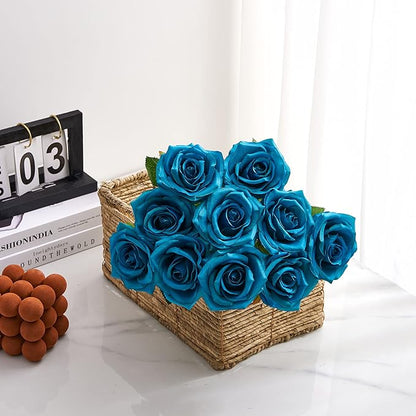 Teal Artificial Rose 10pcs Open Flower Bouquet Faux Rose Stems Turquoise Blue Roses for Wedding Arrangement, Bridal Bouquet, Centerpiece, Fake Faux Silk Flowers