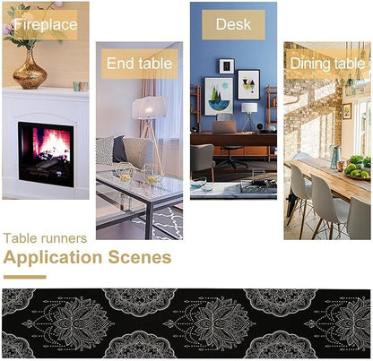 Lotus Flower Table Runner, Bohemian Ethnic Oriental Mandala Black White Floral Print Table Runner for Home Kitchen Dining Indoor Outdoor Dinner Party Decor, 13x120inch