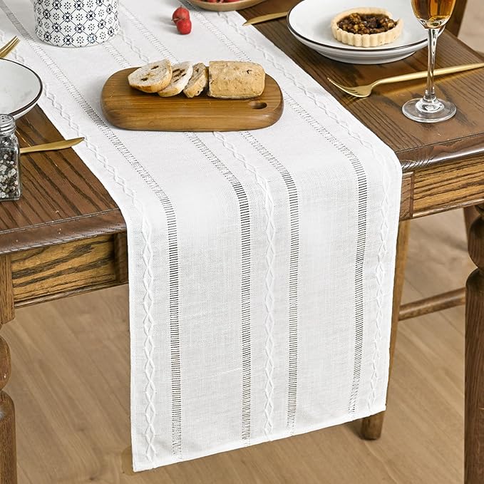 Artoid Mode Rustic Cotton Linen Table Runner, Seasonal Embroidered Hollow Kitchen Dining Table Decoration for Home Party Decor 13x90 Inch