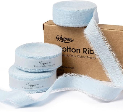 Blue Ribbon 5/8" x 21 Yards with Frayed Fringe Fabric Cotton Ribbons for Gift Wrapping Wedding Invitations Flower Bouquet Baby Shower