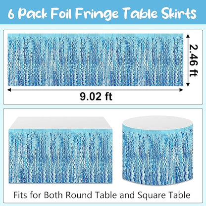6Pack 29 x108 Inch Light Blue Wave Foil Fringe Table Skirts Metallic Banner for Tinsel Streamer Garland Backdrop for Parade Floats, Mother's Day, Easter, Graduate, Birthday, Wedding Party Decoration