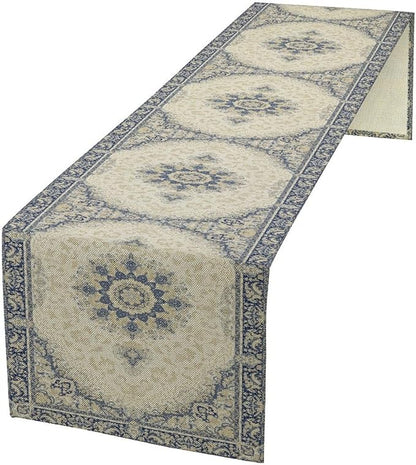 Boho Bohemia Style Table Runner, Vintage Blue Gold Retro Flower Rustic Country Style Floral Print Pattern for Home Kitchen Table Decor Dining Coffee Room Garden Party Decor 13x90in