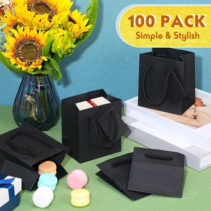 Sherr 100 Pack Mini Gift Bags Bulk, 4 x 2.75 x 4.5 Inches Paper Bags with Tags, Extra Small Paper Gift Boxes with Handles for Birthday, Party Favors, Weddings, Small Business(Black)