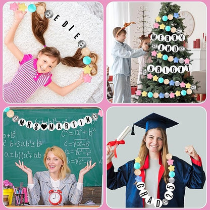 Giant Friendship Bracelet Garland Kit, DIY Birthday Banner with Letters Ball Jumbo Customizable Friendship Bracelet Decor for Halloween Christmas Wedding Party(Macaron Green, Gray, Khaki)