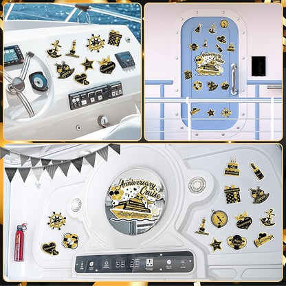 Happy Anniversary Cruise Door Magnets Decorations, Black Gold Happy Anniversary Cruise Ship Door Decor Magnetic for Married Men Women Wedding Party Fridge Refrigerator Car Kitchen Garage Personalized