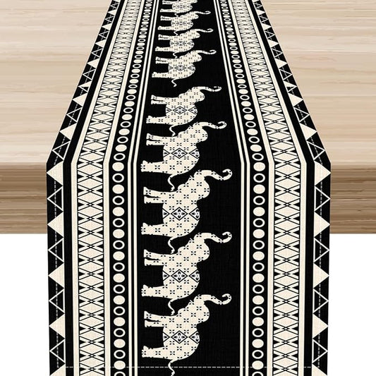 Ethnic Table Runner, Rustic Farmhouse Boho Geometric Elephant Aztec Tribal Print Black Table Center Decor for Home Kitchen Dining Patio Holiday Party Indoor Outdoor Table Decorations, 13"x72" Inch
