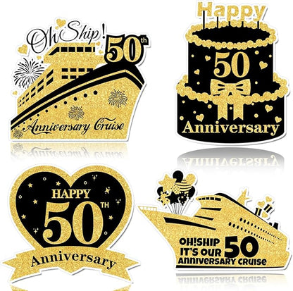 4 PCS Large 50th Anniversary Cruise Door Magnets Decorations Happy 50th Anniversary Cruise Ship Door Decor Magnetic Wedding Magnets Garage Refrigerator Car Magnets for Cabin Stateroom (Black Gold)