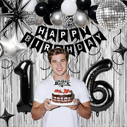 16th Birthday Decorations for Boys Girls, Black Silver Happy Birthday Party Decorations， 16 Year Old Party Supplies with Number 16 Balloons, Banner, Fringe Curtains Kit