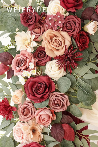 Deluxe Wine Red Artificial Wedding Arch Flowers with Drapes Kit-Pack of 5, 2pcs Flower Arrangements 3pcs Hanging Valance Red Ceremony Arbor Reception Backdrop Rose Floral Decorations.